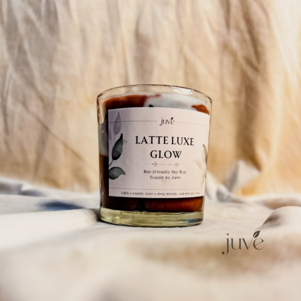 Latte Luxe Glow Iced Latte Candle in a stylish glass holder, made from natural soy wax, offering a rich iced latte fragrance for home décor and relaxation.