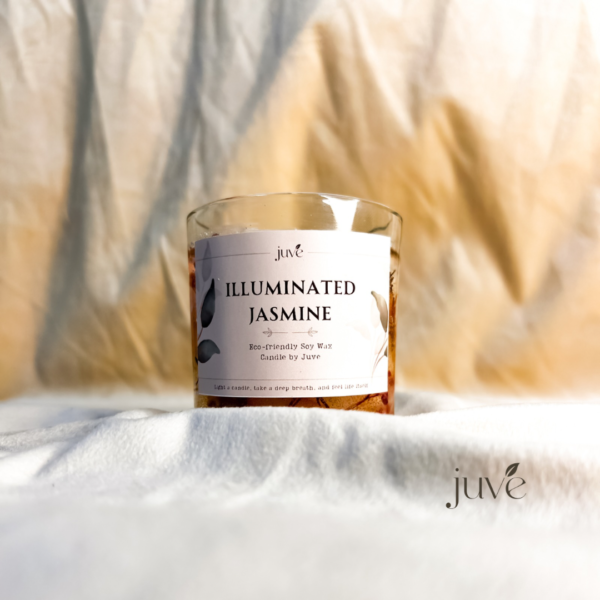 Illuminated Jasmine Scented Candle made from natural soy wax in an elegant design for home décor and aromatherapy, offering a calming jasmine fragrance.