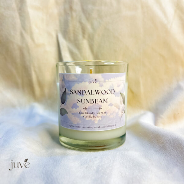 Sandalwood Sunbeam Candle featuring a sunflower design, made from natural soy wax with a soothing sandalwood fragrance for home décor and relaxation.