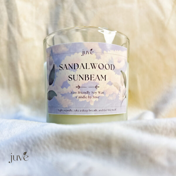 Sandalwood Sunbeam Candle featuring a sunflower design, made from natural soy wax with a soothing sandalwood fragrance for home décor and relaxation.