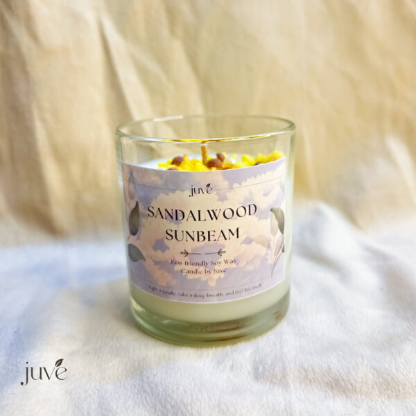 Sandalwood Sunbeam Candle featuring a sunflower design, made from natural soy wax with a soothing sandalwood fragrance for home décor and relaxation.